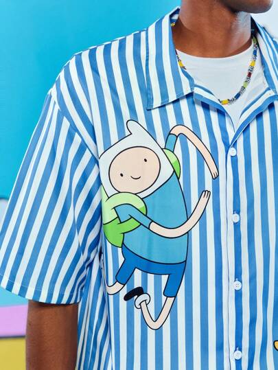 Adventure Time X ROMWE Men's Casual Striped Cartoon Pattern Button-Up Short Sleeve Shirt, Summer