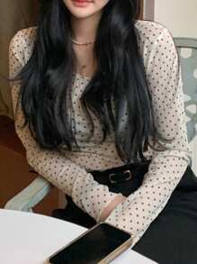 DAZY 女士波尔卡圆点半透视长袖圆领打底上衣，春夏 - 杏色 - 查看 4