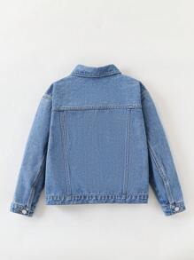 Sparklyn Denimly Girls 时尚、舒适、百搭的户外学院风夹克，带有刺绣星星、花朵、彩虹和独角兽图案，翻领，长袖水洗牛仔外套 - 中等水洗藍 - 查看 2