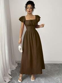 Selianne 新款女式方领双层荷叶边袖前蝴蝶结后收腰时尚休闲百搭优雅中长连衣裙 - 棕色 - 查看 6