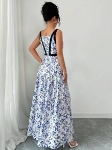 Elenzga 蓝色花卉印花度假风连衣裙，瓷器色撞色无袖长裙 - 藍色 - 查看 2