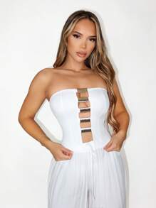 SHEIN Unity Cropped Feminino Sexy com Decor Metálico Vazado, Verão - Branco - Visão 3