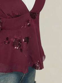 SHEIN ICON 女士时尚休闲露背串珠挂脖背心 - 酒紅色 - 查看 10