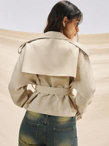 Easelle Trench Coat Early Autumn Coat Thin Windbreaker Top Outdoor Leisure All-Match Lace-Up Windbreaker Early Autumn Long Sleeve Belt Short Boho - Khaki - View 2