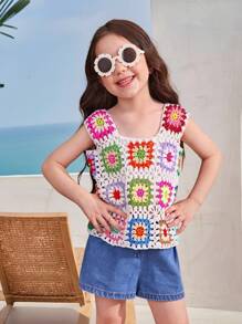 Young Girl Casual Floral Knit Cover Up Top, Suitable For Spring/Summer Vacation, Colorful Floral Pattern Knitted Shirts,Swimsuit For Summer Beach Vacation,Mom And Daughter & Sisters Matching Style Matching ,Matching Family Vacation , Holidays - Apricot - View 7
