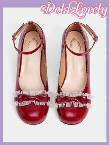 Dola Lovely Zapatos tipo Lolita con lazo decorativo, puntera redonda y tacón medio en color vino para mujer - Burdeos - Ver 9