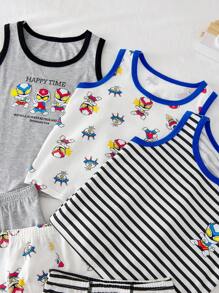 3pcs/Set Young Boy Superhero Spaceship Printed Sleeveless Cotton Vest And Briefs Underwear Set,Striped Cartoon Character Contrasting Colors, Summer Suit,Back To School Fall Winter