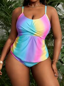 Slaydiva Plus Size Women Ombre Print Casual 2pcs Tankini Swimsuit For Summer Beach Vacation