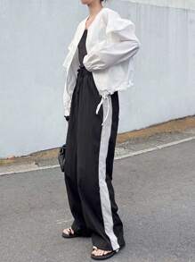 FRIFUL 女士休闲圆领拉链夹克，袖口带荷叶边，下摆带抽绳，百搭 - 白色 - 查看 2