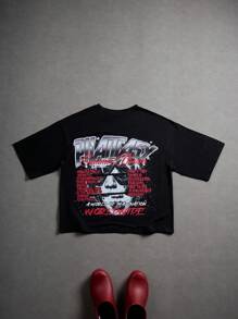 Manfinity Camiseta de Moda Callejera para Hombres Estilo Hip Hop Americano con Estampado de Retrato de Cabeza Grande de Doble Cara de Dibujos Animados - Negro - Ver 2
