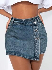 SHEIN PETITE 女式单排扣不对称下摆休闲牛仔裙裤 - 藍色 - 查看 6