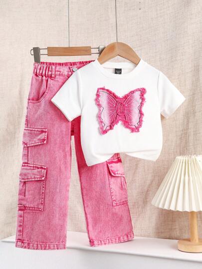 Young Girl 2 Pieces Outfit: White Casual Fitted Round Neck Short Sleeve T-Shirt With Cute Butterfly Applique Design & Pink Casual Loose Multi Pocket Denim Jeans, Simple Versatile Daily Wear, School, Campus, College