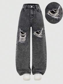 大码女童休闲做旧褪色印花宽松阔腿牛仔裤，时尚复古街头服饰