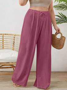 EURMUSE Plus Cottonline Knot Solid Color Casual Women's Pants - Pink - View 4