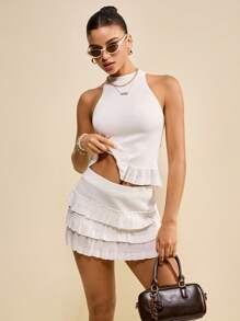 Muvela 2025 Summer & Autumn New Women's All White Sleeveless Ruffle Trim Fashionable Knit 2 Pieces Set, Y2K Countryside Music Festival Vintage Style, Casual For Street, Office, Date, Party, Travel, Back To School, Autumn Knitwear Set