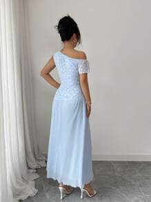 Modelyn 女式提花拼接雪纺不对称肩部夏季连衣裙 - 藍色 - 查看 2