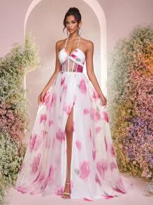 Glamrae Vestido Longo Maxi com Fenda em A, Estampa Floral Vermelha Elegante, Romântica e Luxuosa em Organza com Decote Ombro a Ombro e Decoração de Pérolas, Adequado para Férias, Convidado de Casamento, Baile de Formatura e Gala Formal à Noite