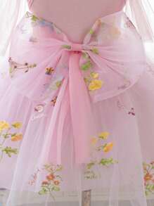 SHEIN Glamorique Kids 复活节花童生日派对婚礼礼服，女孩细肩带绿色薄纱蝴蝶结前公主刺绣芭蕾舞裙，适合舞台表演、派对、摄影，四季皆宜 - 西瓜粉 - 查看 5