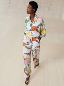 Aveloria Modichic [Phong cách Châu Âu và Mỹ] Áo sơ mi sợi tre in hình trái cây rộng rãi + Quần ống rộng in hình trái cây giản dị chất lượng cao, Bộ 2 món sảng khoái cho nữ - Nhiều màu - Xem 5