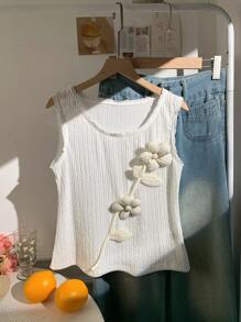 SHEIN EZwear 女式夏季假日风格 3D 花卉装饰纹理面料背心 - 白色 - 查看 4