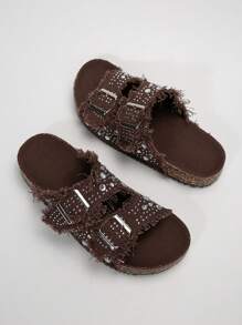 Solecia Women Round Toe Brocade Fringed Double-Buckle Flat Comfortable Casual, Party, Commuting Fashion Versatile Shoes For Christmas