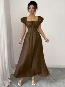 Selianne 新款女式方领双层荷叶边袖前蝴蝶结后收腰时尚休闲百搭优雅中长连衣裙 - 棕色 - 查看 5