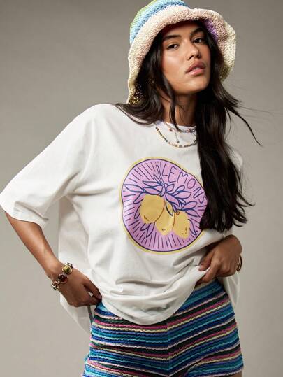 MISSGUIDED Oversized Summer Lemon Print Cotton Tee Casual Weekend Festival Beachwear T-Shirt Spring Holiday Loungewear Top