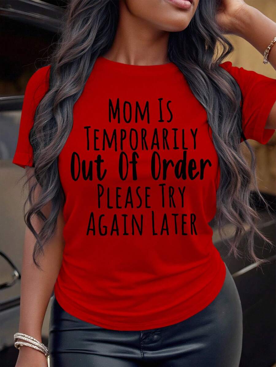 SHEIN LUNE Áo thun tay ngắn cổ tròn in khẩu hiệu thường ngày cỡ lớn mùa hè cho quần áo năm mới Áo thun họa tiết dành cho nữ - Đỏ - Xem 1