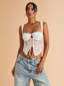 SHEIN BAE Áo croptop ren xuyên thấu gợi cảm dành cho nữ, thích hợp cho buổi hẹn hò, tiệc độc thân, tiệc sinh nhật, tiệc cocktail, hộp đêm, tiệc lễ hội, ngày Valentine. - trắng - Xem 4
