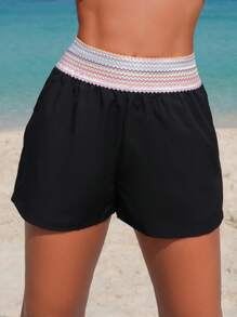 Swim Lushoire 女士拼色松紧腰时尚沙滩短裤，适合夏季海滩 - 黑色 - 查看 1