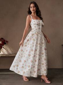 Savoree Boho Midi Sundress For Women Sleeveless Floral Print Dress With Square Neckline And Flared Hem