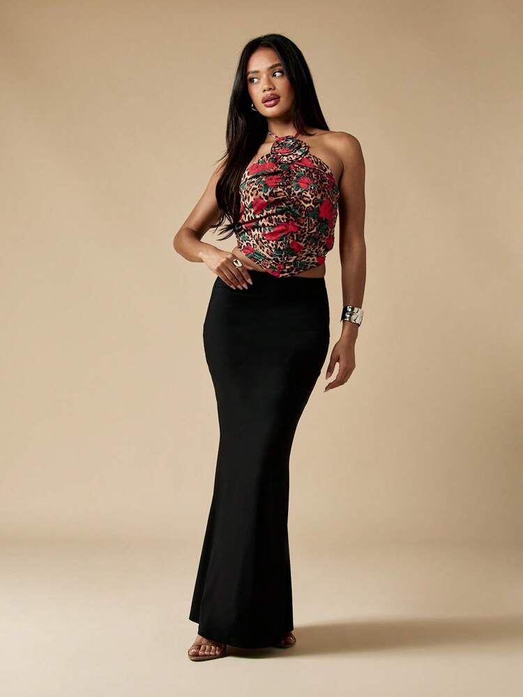 MISSGUIDED Leopard Rose Print Halter Neck Corset Top Floral Pattern Bustier Summer Festival Party Club Statement Evening Crop Blouse Ruched Christmas