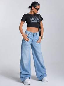 EURMUSE Blugi largi cu talie joasă pentru femei - Spălare medie - Vizualizare 3