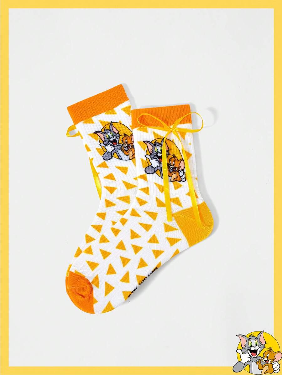 TOM & JERRY X SHEIN Meias de cano alto com estampa de desenho animado e laço triangular amarelo - Multicolorido - Ver 1