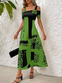 SHEIN LUNE 女式拼色连衣裙，适合夏季长款女装 - 橄欖綠 - 查看 3