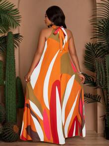 SOLERSUN Plus Size Women's Spring And Summer Loose Casual Printed Sleeveless Back Neck Tie Drawstring A-Line Dress, Summer Dress, Beach Vacation Long Dress (With Side Pockets) - Orange - View 2