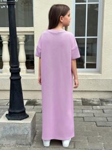 Váy suông rộng rãi in chữ màu tím nhạt cho bé gái tuổi mới lớn, thoải mái và đa năng cho mọi ngày và mọi dịp - Màu tím hoa cà - Xem 2