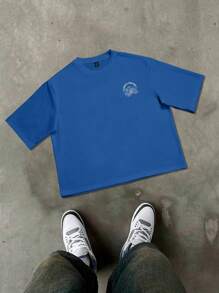 Manfinity Hypemode 男士夏季休闲水果标语印花T恤 - 藍色 - 查看 2