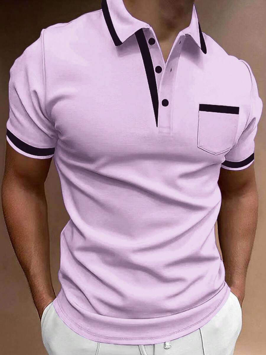 Calvornis Áo thun polo nam có túi viền tương phản, công sở thường ngày, mùa hè - Màu tím hoa cà - Xem 1