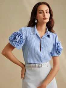Anewsta Women's Blue Striped Casual Blouse With Pearl Embellished Collar And 3D Rose Short Sleeves