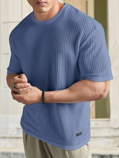 HIMLAND Loose Fit Men's Solid Waffle Knit Round Neck Casual T-Shirt, Vacation, Father's Day Gifts, Football