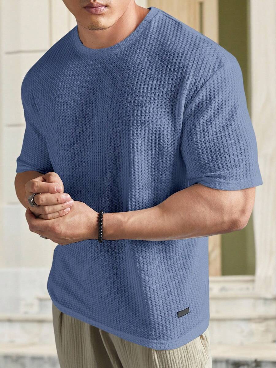 Manfinity BRENVOR Loose Fit Men's Solid Waffle Knit Round Neck Casual T-Shirt - Dusty Blue - View 1