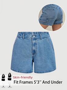 SHEIN PETITE CURVE Quần short denim xanh cỡ lớn cho nữ mùa hè, kỳ nghỉ, câu lạc bộ ngày 4 tháng 7, văn phòng, hòa nhạc đồng quê, quần short cạp cao phong cách Grunge - Màu xanh lam - Xem 5