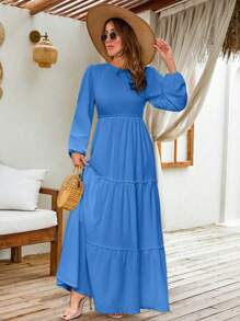 EURMUSE LANTERN LONG SLEEVE LAYERED LONG DRESS - Blue - View 5