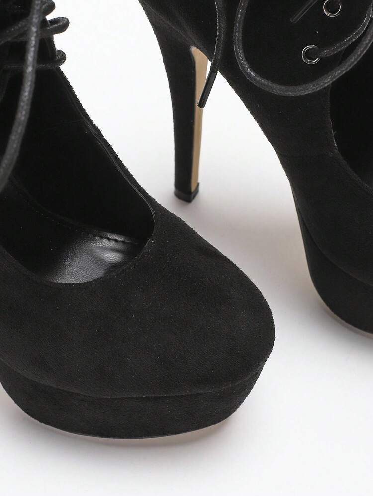 CUCCOO LuxiPop Botas de tacón de aguja de plataforma con cordones hasta el tobillo de punta fina para mujer, color negro, sexy y de moda para discoteca, Halloween, Navidad, atuendo de fiesta, suela gruesa