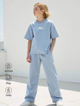 JNSQ Back To School Casual Outdoor Sports Sweatshirt T-Shirt Pants Set, Kids Round Neck Funny Letter Graphic Print Oversized Hoodie T-Shirt Sweatpants Set