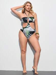 Maija 加大码女式热带植物印花镂空吊带性感连体泳衣 - 彩色 - 查看 5