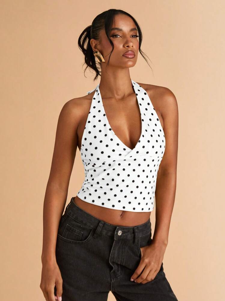 SHEIN BAE Black Polka Dot Print Casual Halter Neck Top, Suitable For Brunch, Street Wear, Date, Commute, Cruise, Ibiza - White - View 6