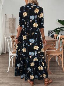 EMERY ROSE V领印花荷叶边下摆休闲假日中长连衣裙（带抽绳）