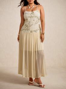 Elaquor 大码女式花卉亮片褶饰网眼下摆吊带裙 - 杏色 - 查看 5